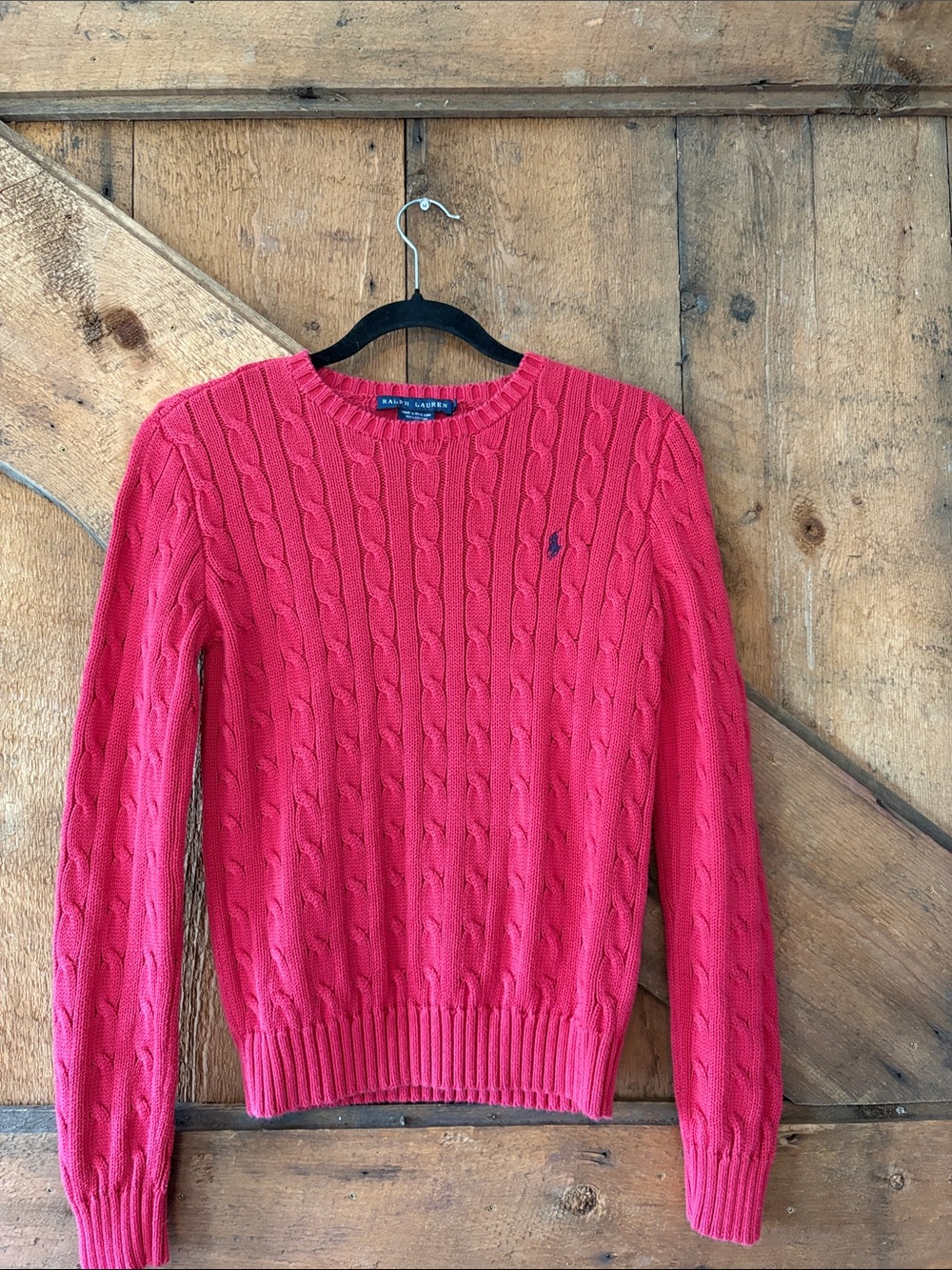 Ralph Lauren Red Cable-Knit Crewneck Sweater Women Small 100% Cotton